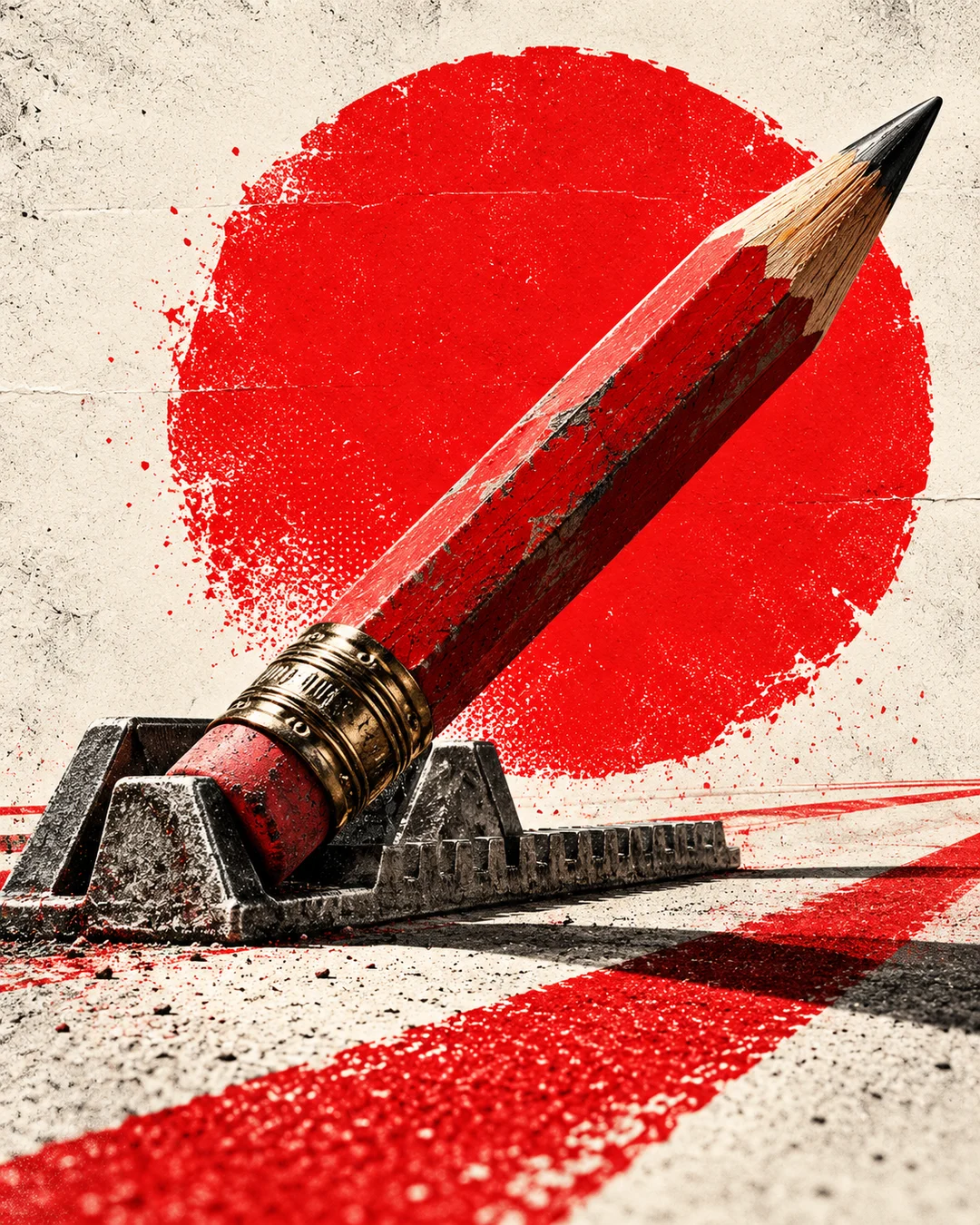 A red carpenter pencil poised on a starting block, combining creative work with the energy of sport